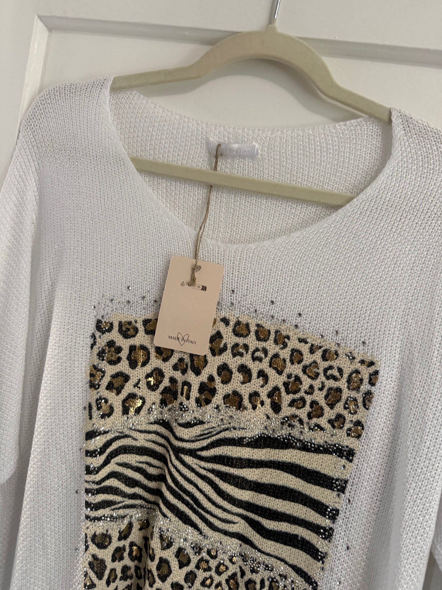 Bling Leopard Knit Blouse White