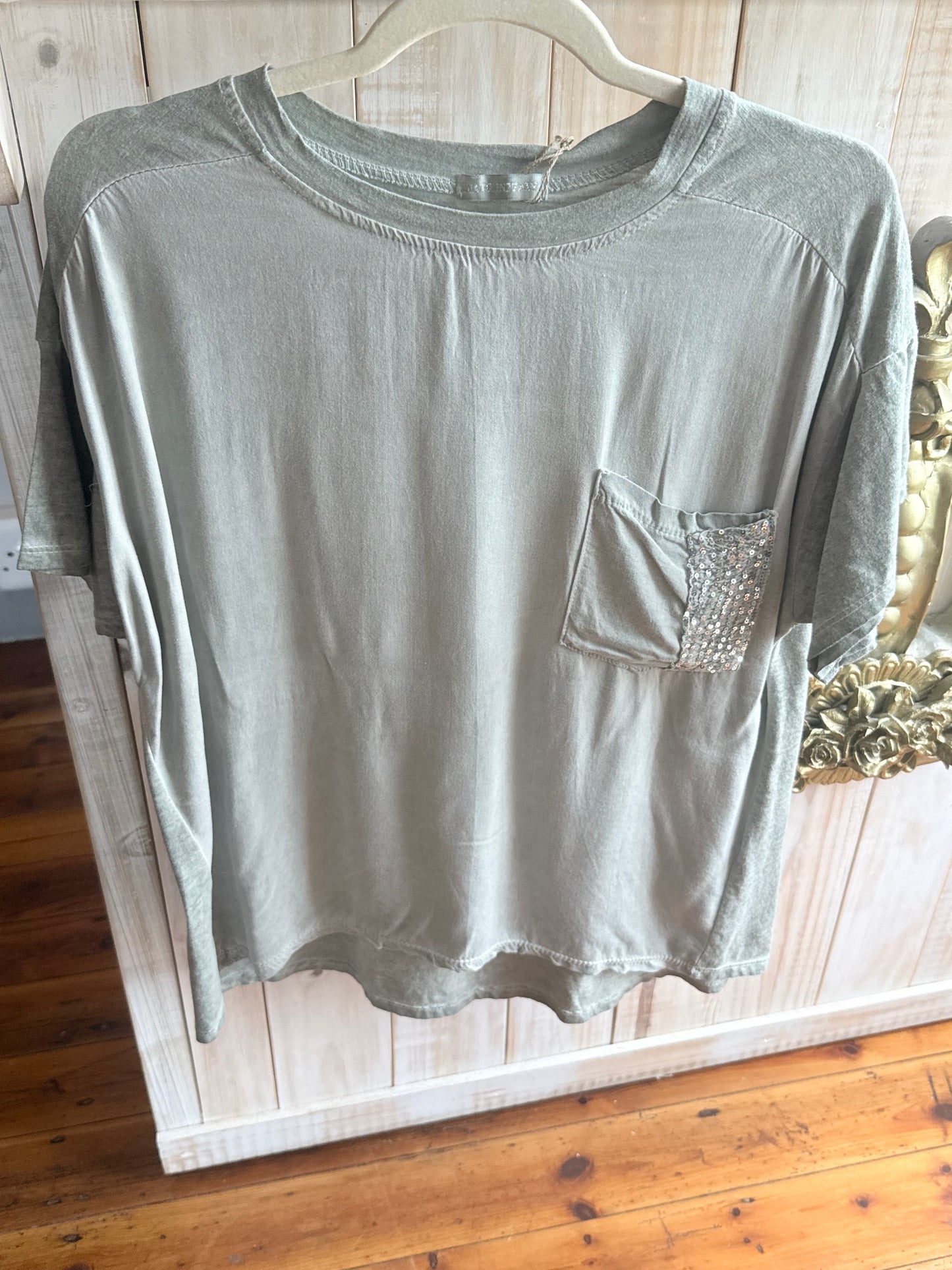 Sequin Pocket Bling Tee Khaki