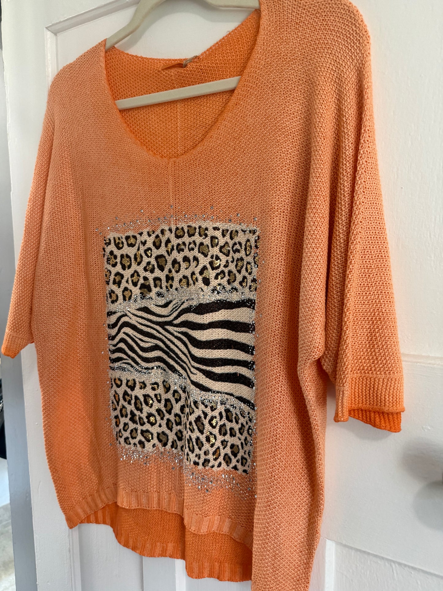 Bling Leopard Knit Blouse Peach