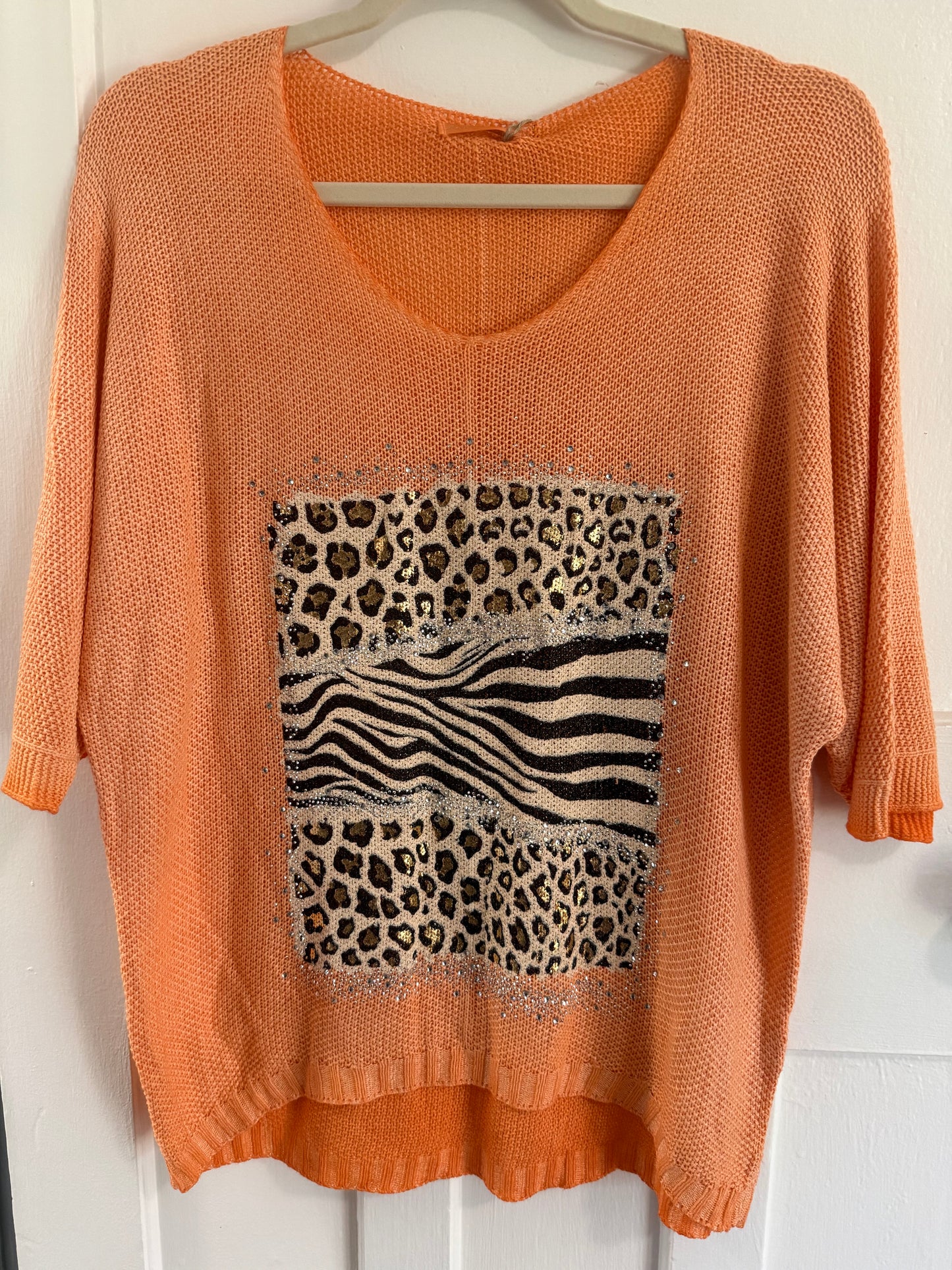Bling Leopard Knit Blouse Peach