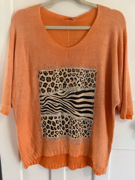 Bling Leopard Knit Blouse Peach
