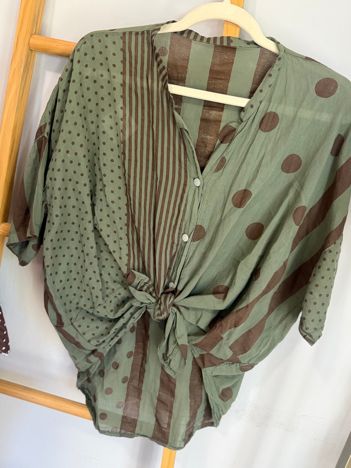 Polka Dot Brown Blouse Khaki