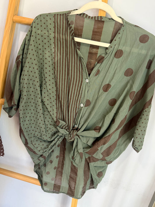 Polka Dot Brown Blouse Khaki