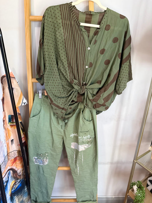 Polka Dot Brown Blouse Khaki