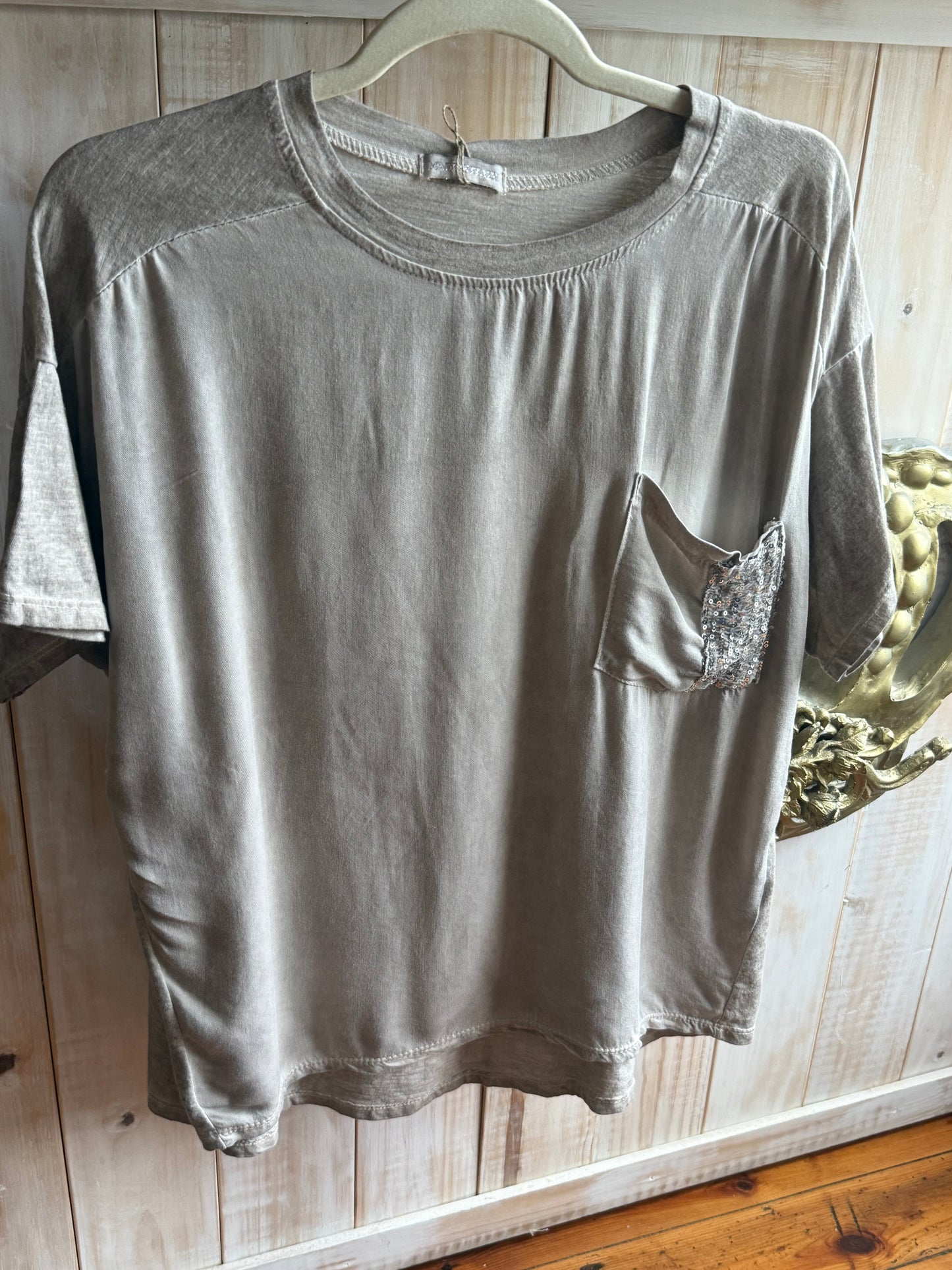 Sequin Pocket Bling Tee Taupe