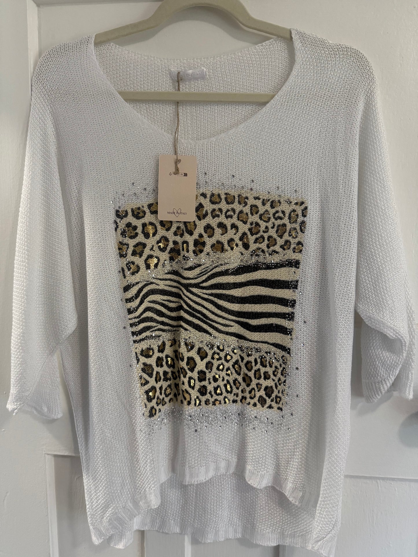 Bling Leopard Knit Blouse White