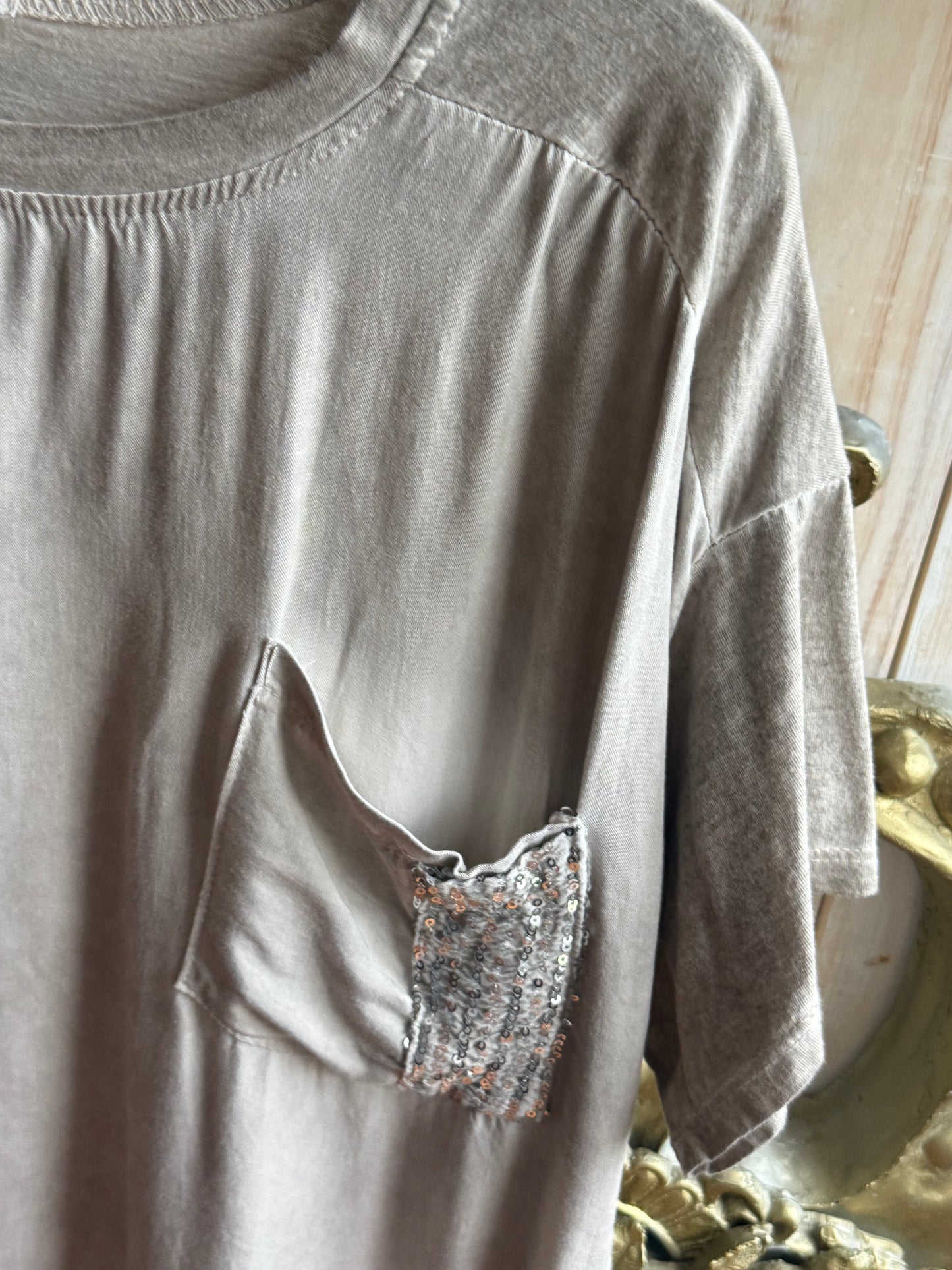 Sequin Pocket Bling Tee Taupe