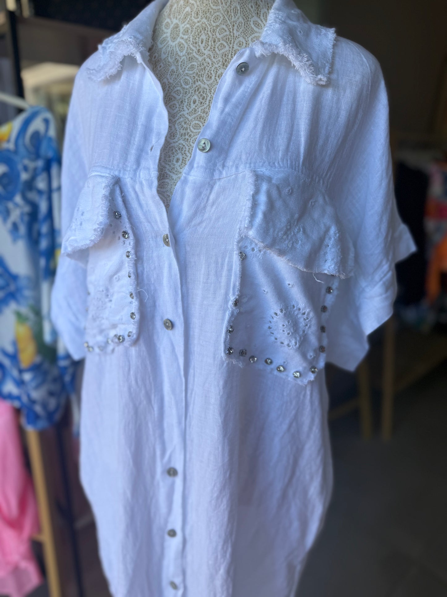 Linen & Bling Dress White