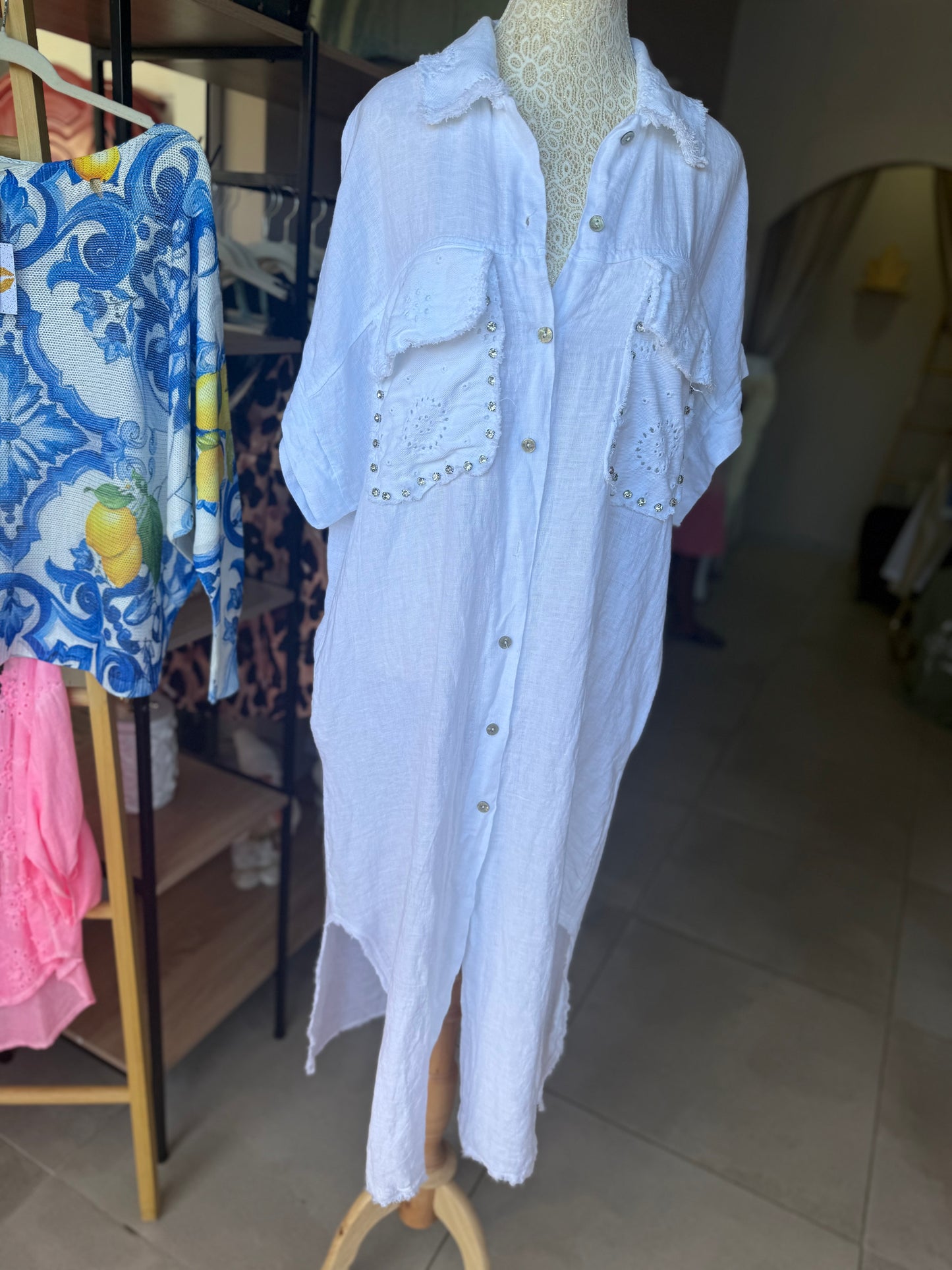 Linen & Bling Dress White