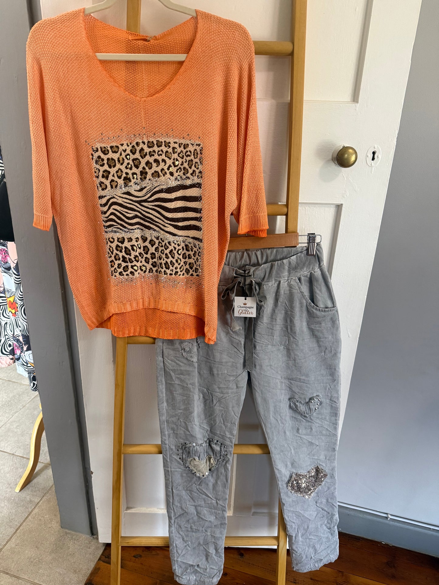 Bling Leopard Knit Blouse Peach