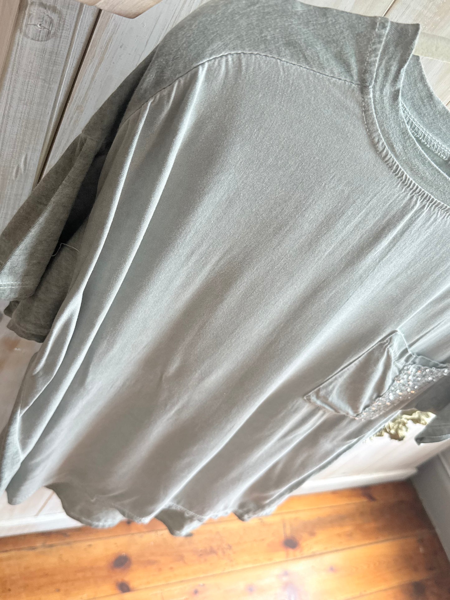Sequin Pocket Bling Tee Khaki