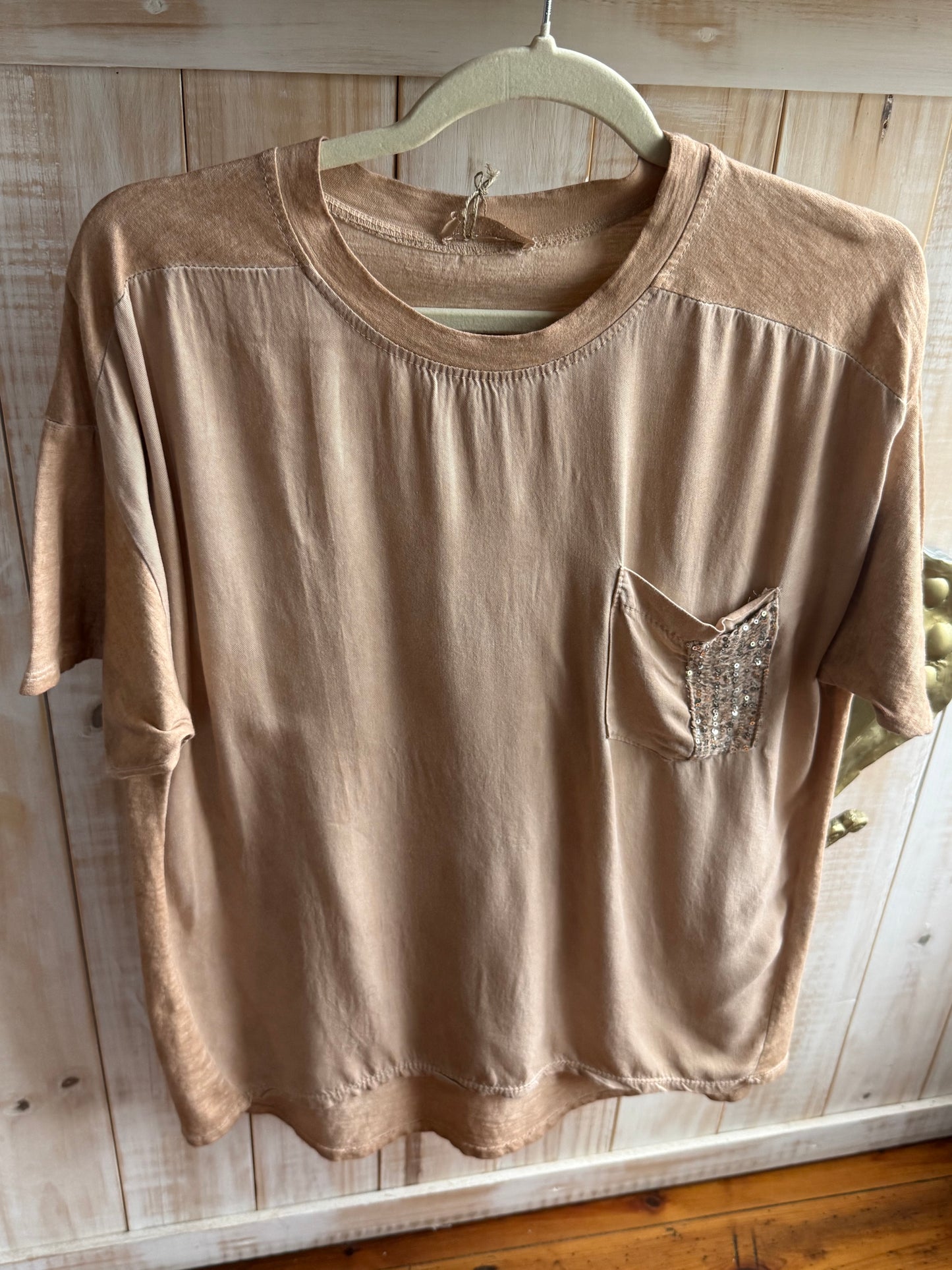 Sequin Pocket Bling Tee Caramel
