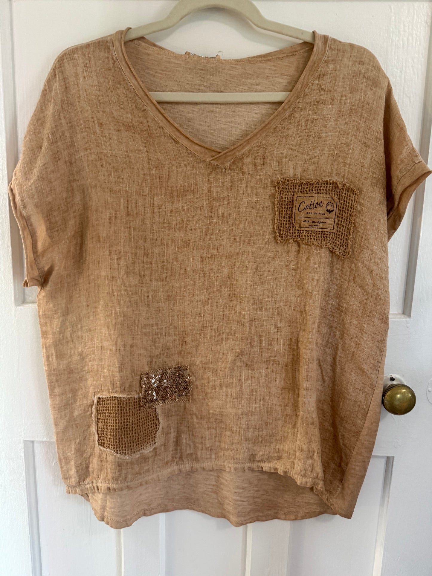 Patched Cotton Bling Blouse Caramel