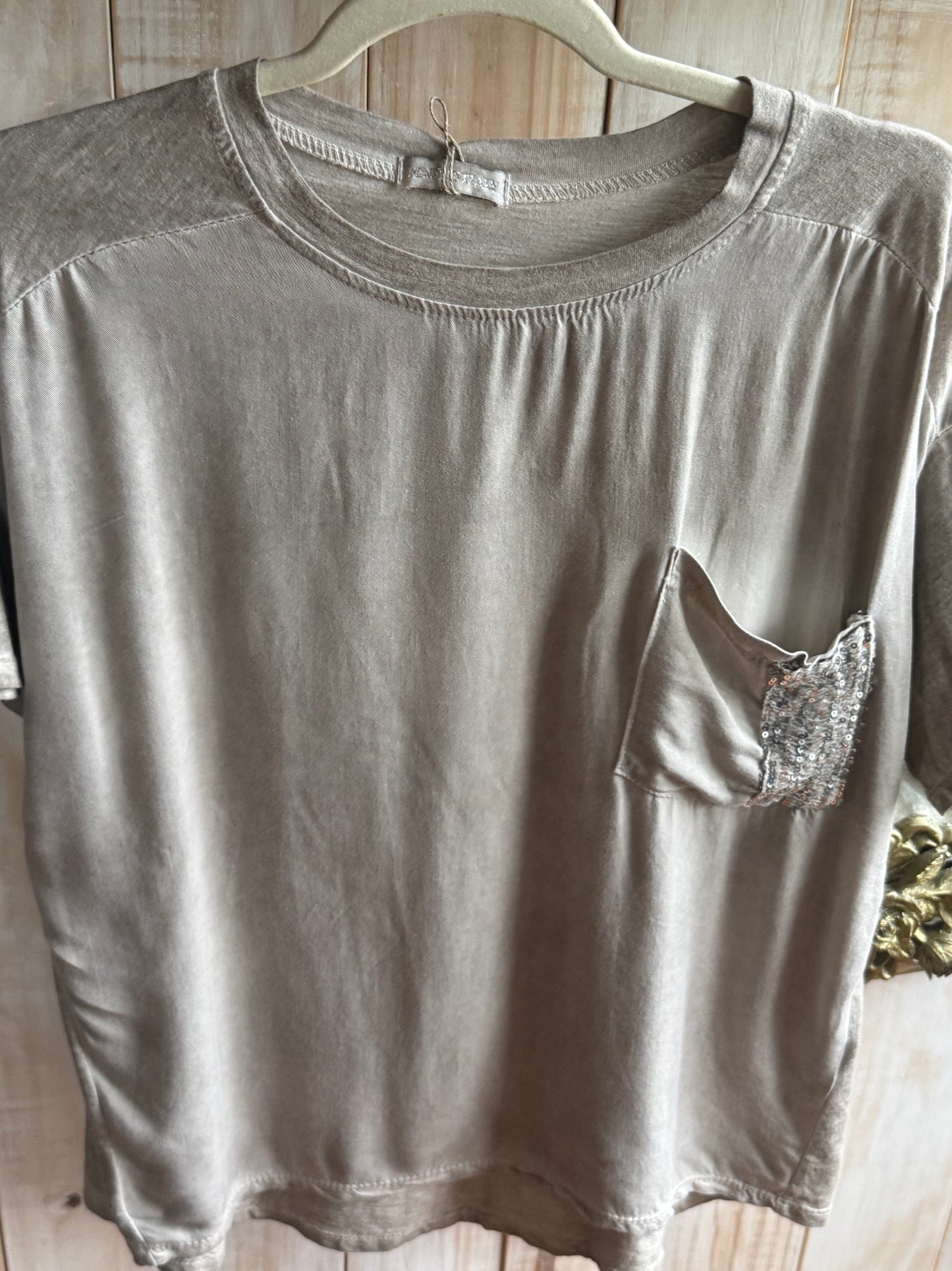 Sequin Pocket Bling Tee Taupe