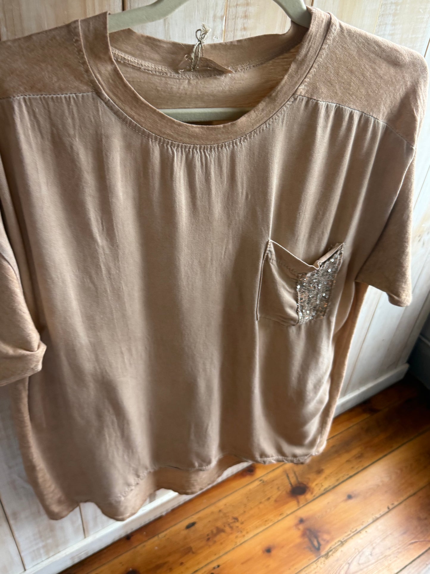 Sequin Pocket Bling Tee Caramel