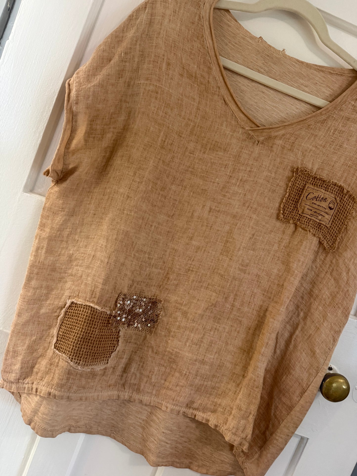 Patched Cotton Bling Blouse Caramel