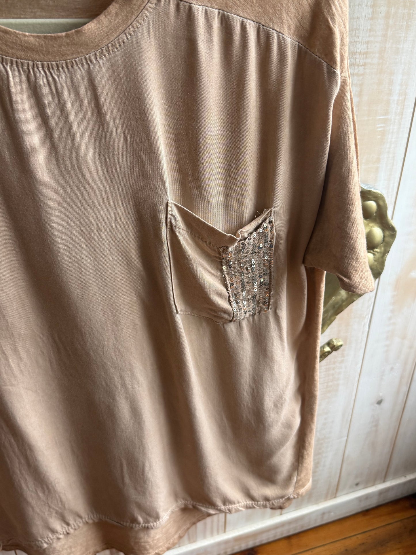 Sequin Pocket Bling Tee Caramel