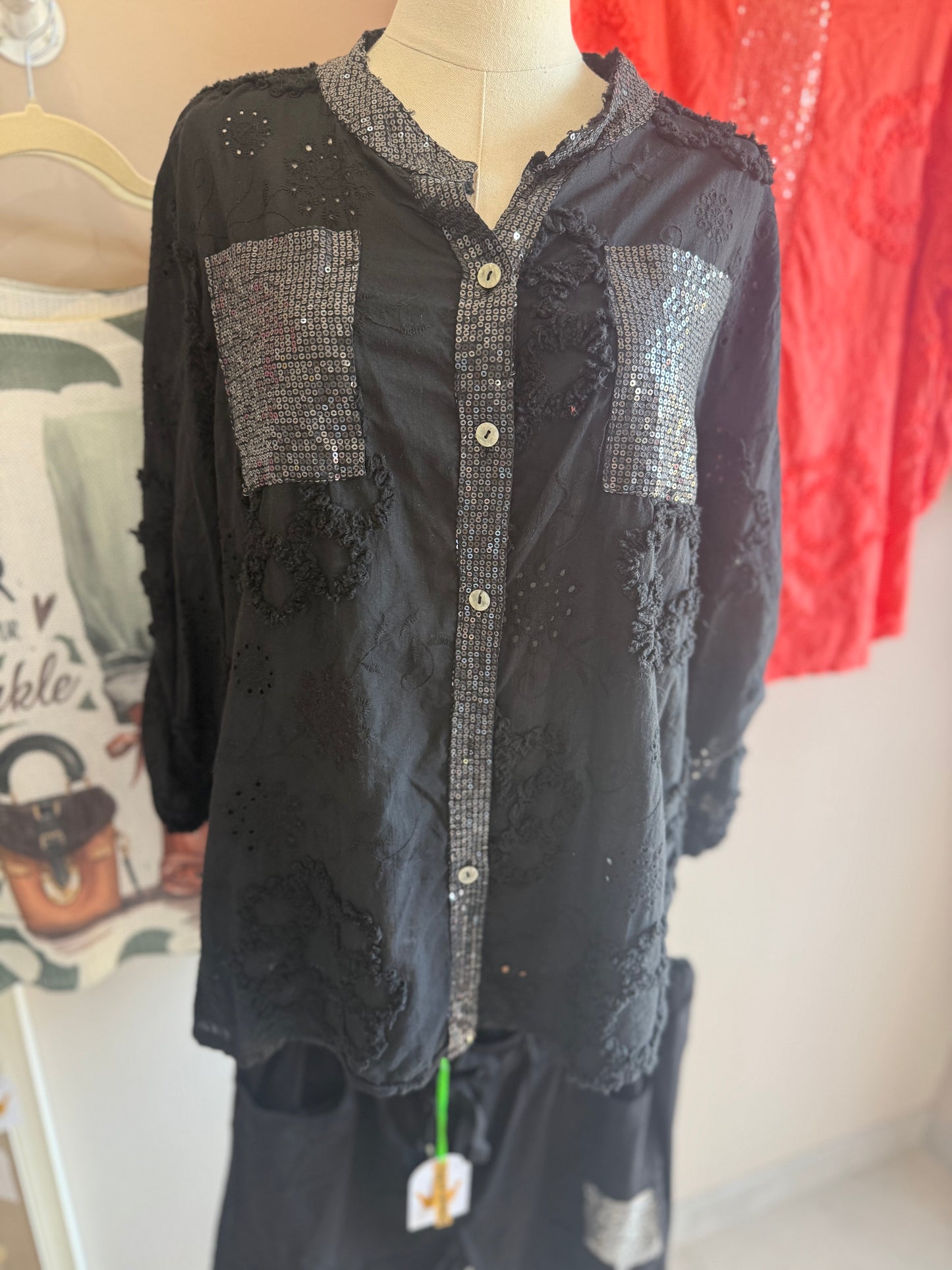 Bordeau Sequin Blouse Black