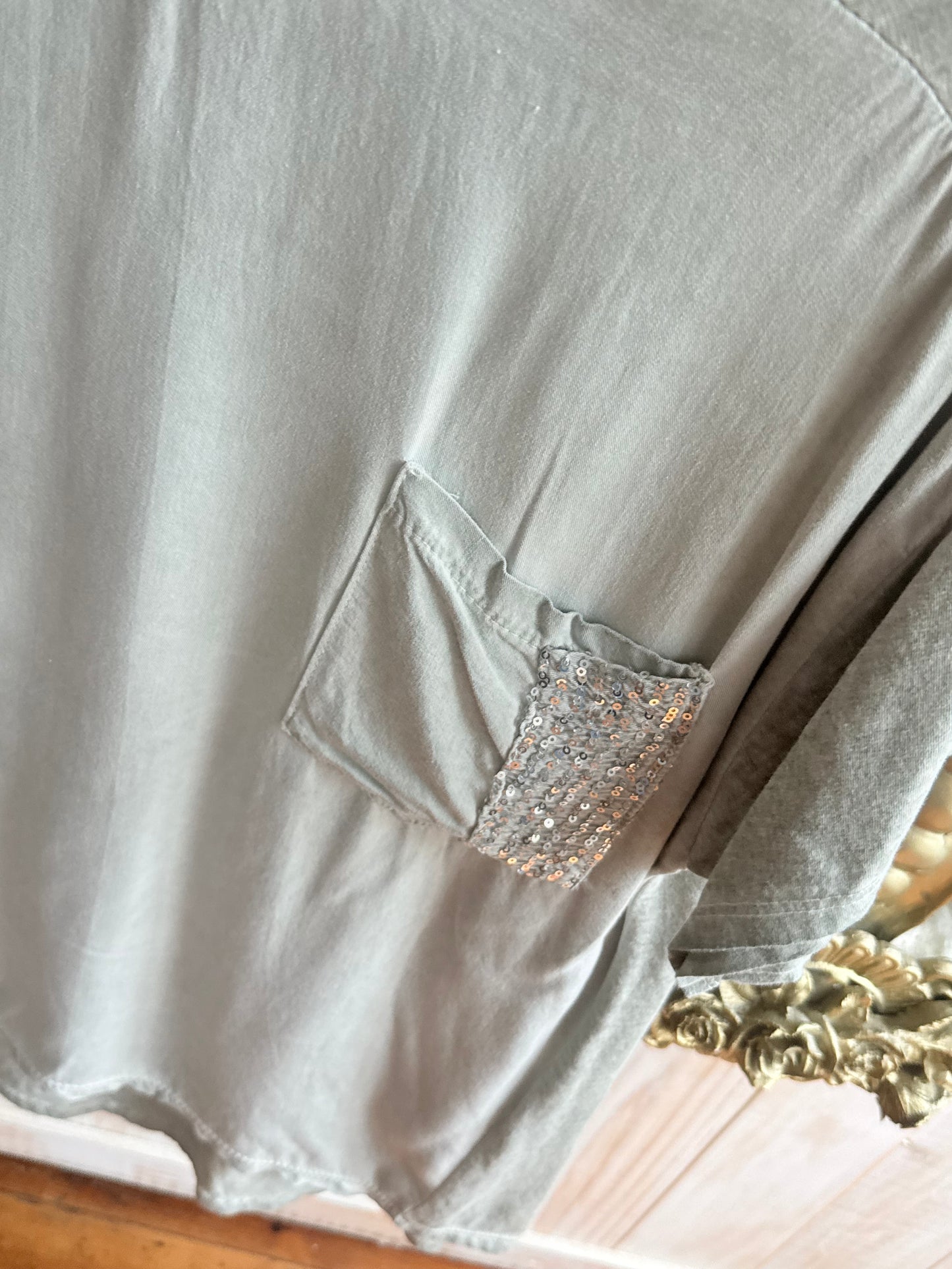 Sequin Pocket Bling Tee Khaki