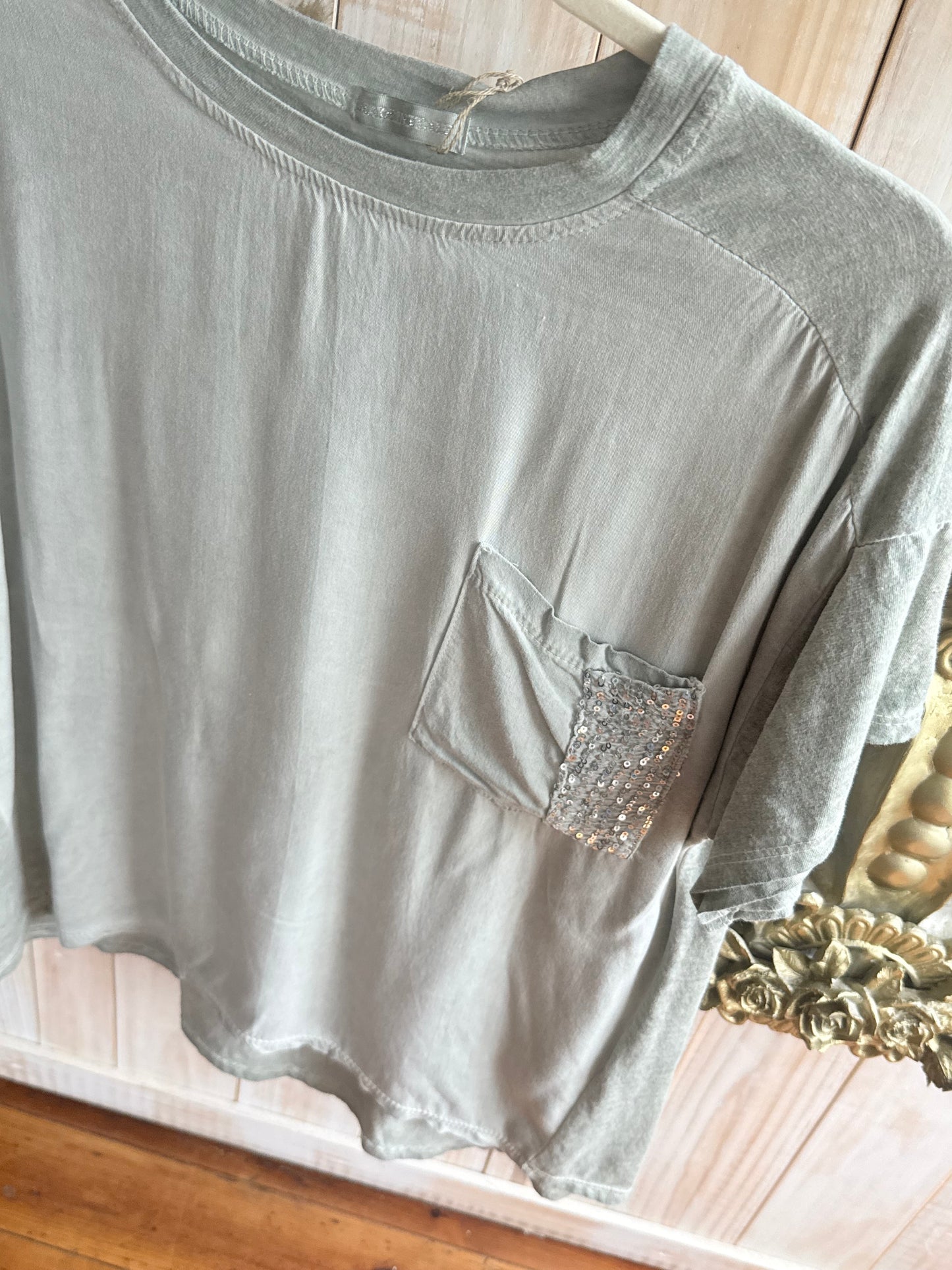 Sequin Pocket Bling Tee Khaki